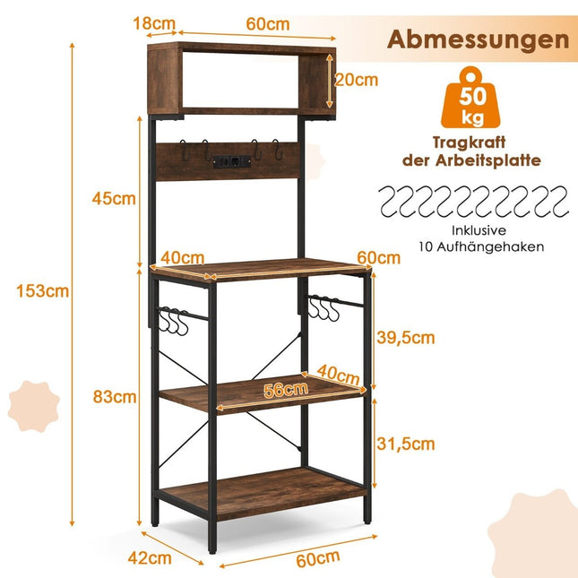 Kitchen shelf with socket & open shelves & 10 hanging hooks, standing shelf, microwave shelf