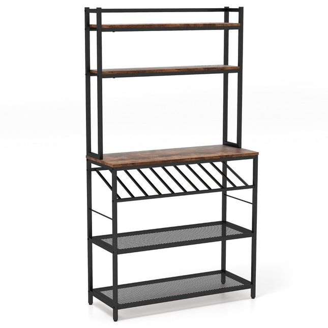Kitchen shelf with wine holder up to 10 bottles & worktop & 5 shelves baker rack brown