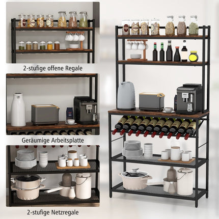 Kitchen shelf with wine holder up to 10 bottles & worktop & 5 shelves baker rack brown
