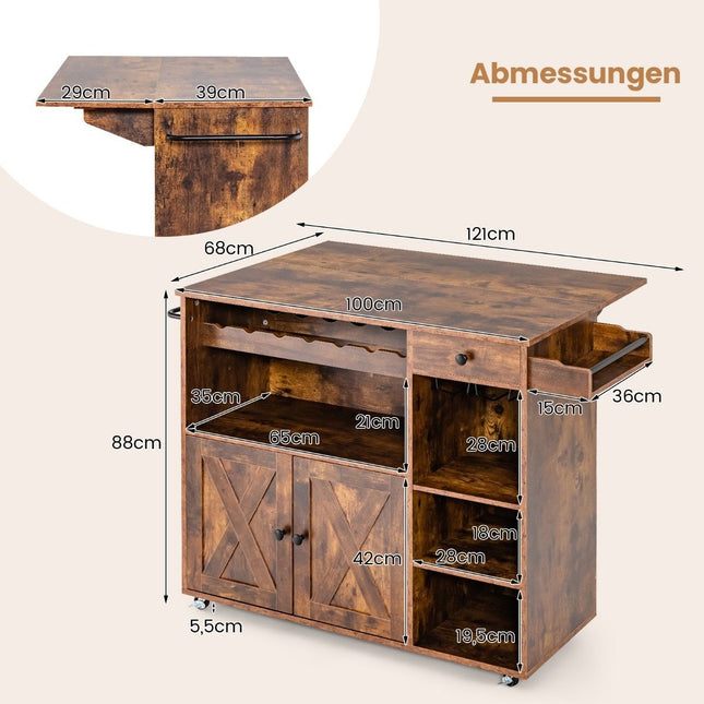 Kitchen trolley on wheels Serving trolley with folding worktop 121 x 68 x 88 cm Rustic brown