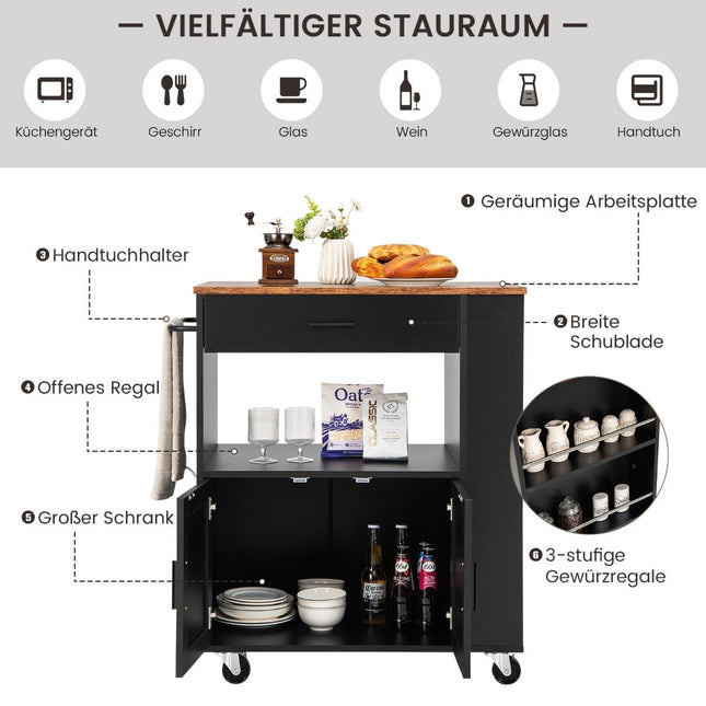 Kitchen trolley rolling serving cart with 3 spice racks 82 x 46 x 92 cm black
