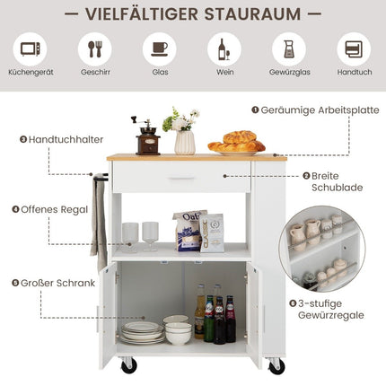 Kitchen trolley rolling serving cart with 3 spice racks 82 x 46 x 92 cm white