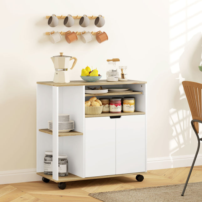 Kitchen trolley with worktop, adjustable shelves, white
