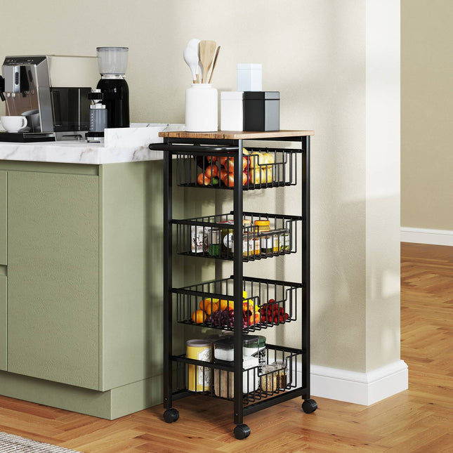 Oak kitchen trolley with steel baskets & worktop
