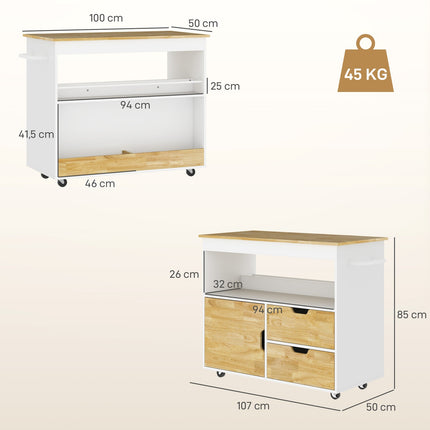 Oak Kitchen Island Trolley – Worktop, drawers, soft-close door