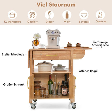 Kitchen trolley with folding worktop & drawer & cupboard serving trolley natural
