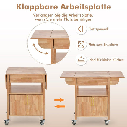 Kitchen trolley with folding worktop & drawer & cupboard serving trolley natural