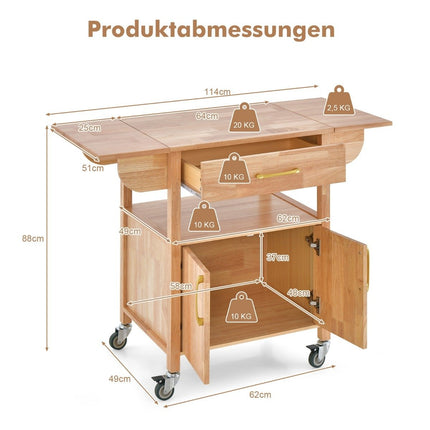 Kitchen trolley with folding worktop & drawer & cupboard serving trolley natural