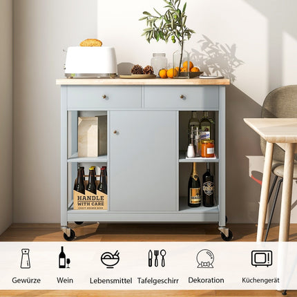 Kitchen trolley with wheels Kitchen island with worktop Serving trolley with 2 drawers 99 x 46 x 90 cm Grey
