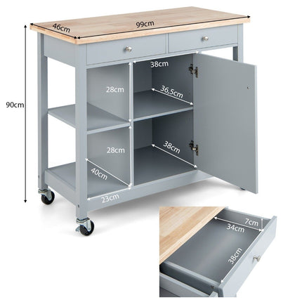 Kitchen trolley with wheels Kitchen island with worktop Serving trolley with 2 drawers 99 x 46 x 90 cm Grey