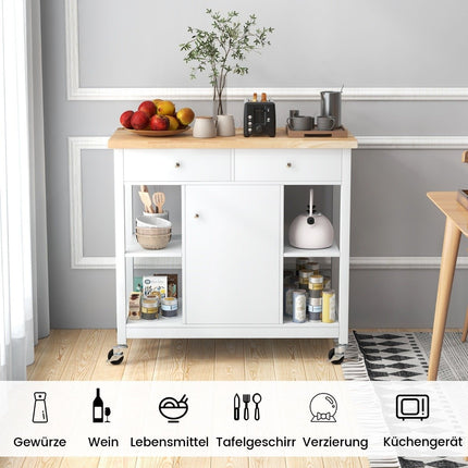 Kitchen trolley with wheels Kitchen island with worktop Serving trolley with 2 drawers 99 x 46 x 90 cm White