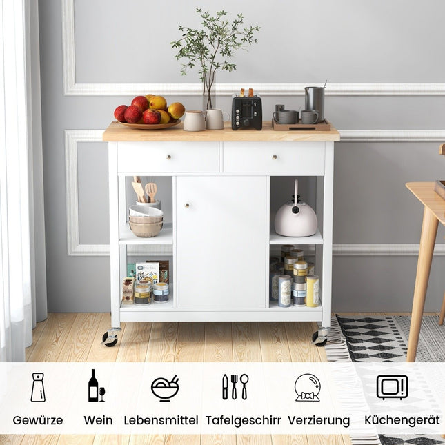 Kitchen trolley with wheels Kitchen island with worktop Serving trolley with 2 drawers 99 x 46 x 90 cm White