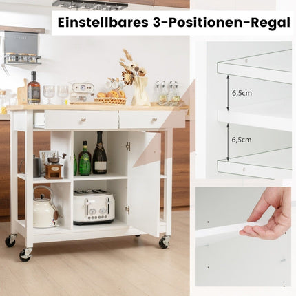 Kitchen trolley with wheels Kitchen island with worktop Serving trolley with 2 drawers 99 x 46 x 90 cm White