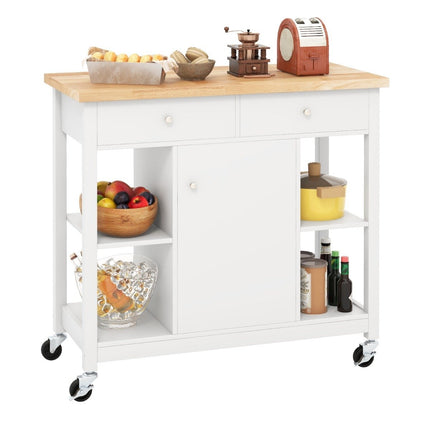 Kitchen trolley with wheels Kitchen island with worktop Serving trolley with 2 drawers 99 x 46 x 90 cm White
