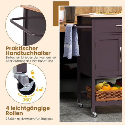 Kitchen trolley with worktop, serving trolley with wheels, trolley with drawer, brown