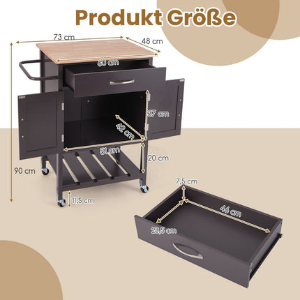 Kitchen trolley with worktop, serving trolley with wheels, trolley with drawer, brown