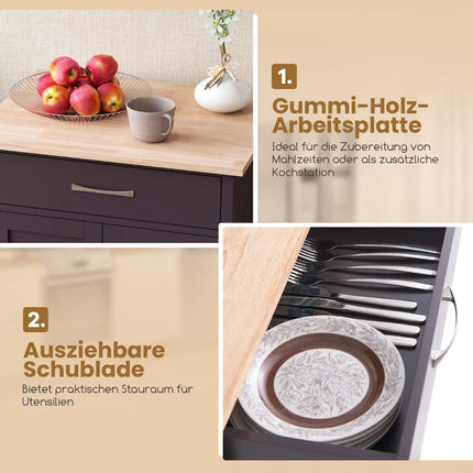 Kitchen trolley with worktop, serving trolley with wheels, trolley with drawer, brown