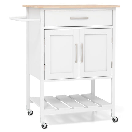 Kitchen trolley with worktop, serving trolley with wheels, trolley with drawer, white