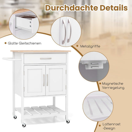 Kitchen trolley with worktop, serving trolley with wheels, trolley with drawer, white