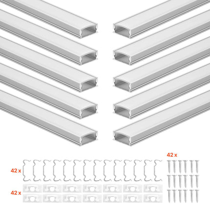 LED Aluminum Channel, U-Shape 6.6ft, Milky Cover, 10-Pack