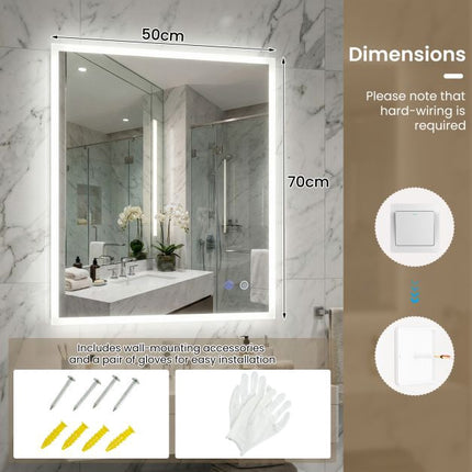 LED Bathroom Mirror 70x50cm, Anti-Fog, Dimmable