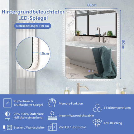 LED Bathroom Mirror 80 x 60 cm, Dimmable, Anti-Fog