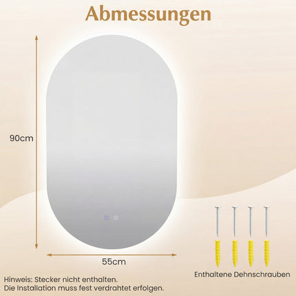 LED Bathroom Mirror, 90x55 cm, Anti-Fog, Adjustable Light