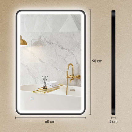 LED Bathroom Mirror, 90x60 cm, Dimmable, 3 Colors, Black