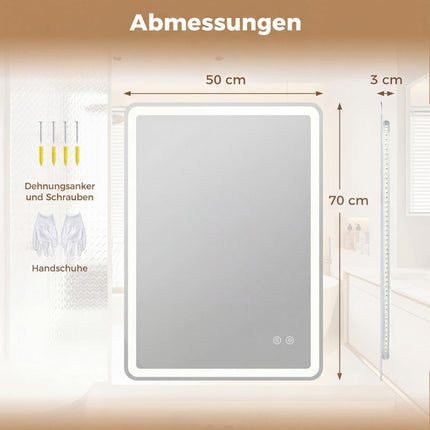 LED Bathroom Mirror with Anti-Fog, Dimmable, 70x50 cm