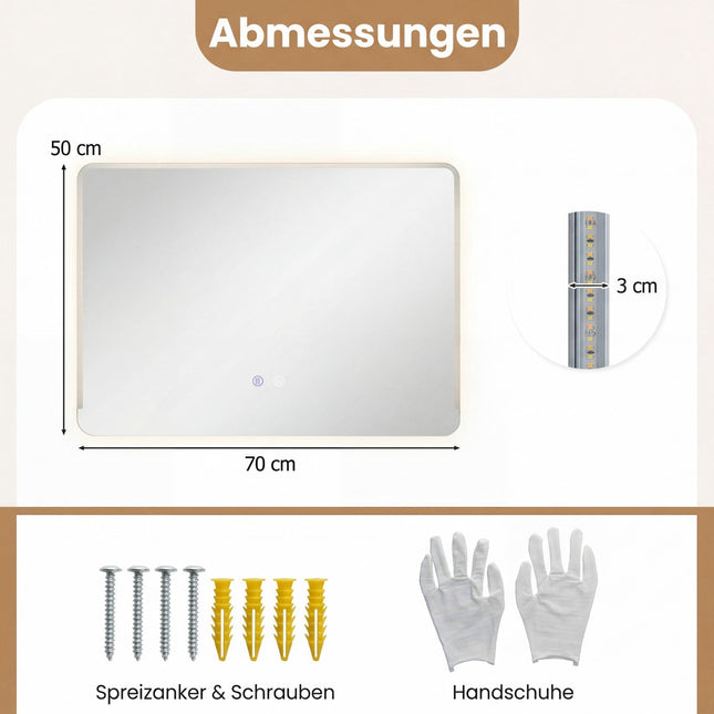 LED Bathroom Mirror with Anti-Fog, Dimmable Light, 70x50 cm