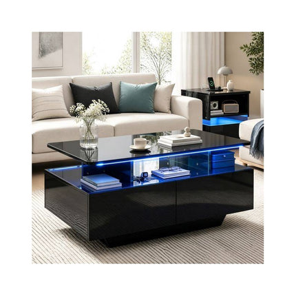LED Coffee Table 90 cm with 2 Storage Drawers and Open Shelf, High Gloss Black