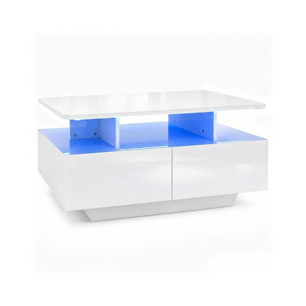 LED Coffee Table 90 cm with 2 Storage Drawers and Open Shelf, High Gloss White