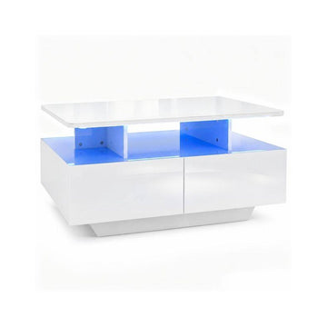 LED Coffee Table 90 cm with 2 Storage Drawers and Open Shelf, High Gloss White