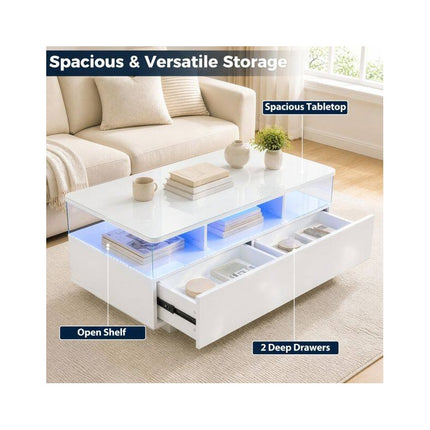 LED Coffee Table 90 cm with 2 Storage Drawers and Open Shelf, High Gloss White