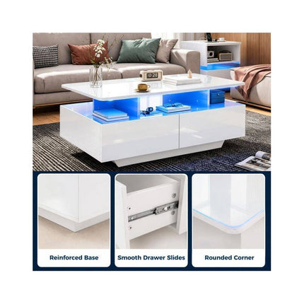 LED Coffee Table 90 cm with 2 Storage Drawers and Open Shelf, High Gloss White