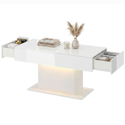 LED Coffee Table, RGB, High Gloss White, 2 Drawers
