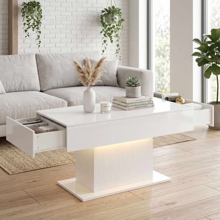 LED Coffee Table, RGB, High Gloss White, 2 Drawers