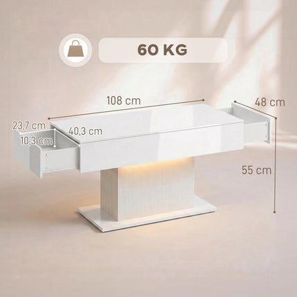 LED Coffee Table, RGB, High Gloss White, 2 Drawers