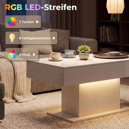 LED Coffee Table, RGB, High Gloss White, 2 Drawers