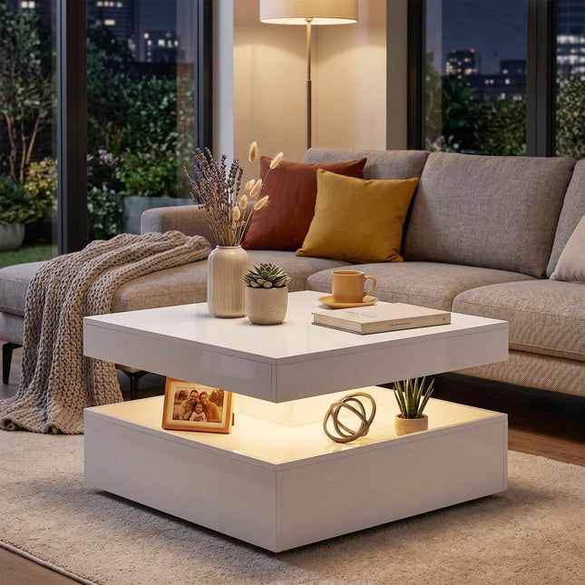 Salontafel met LED-verlichting en opbergruimte, 2 niveaus, hoogglans wit