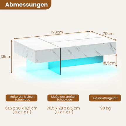 LED Coffee Table with 3 Drawers, High Gloss White
