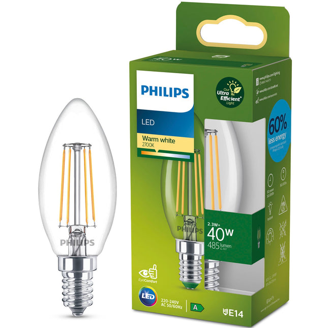 LED E14 Crown B35 2.3W (40W) Clear 485lm 2700K Energy class A