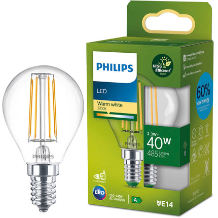 LED E14 Globe P45 2.3W (40W) Clear 485lm 2700K Energy class A