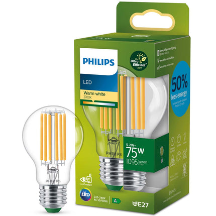 LED E27 Normal 5.2W (75W) Clear 1095lm 2700K Energy class A