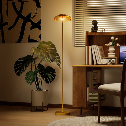 LED Floor Lamp, 3000K Warm Light, Brass Finish, Foot Switch