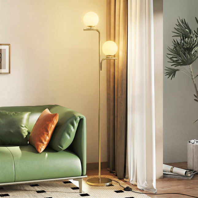 LED Floor Lamp, 3 Color Temps, Glass Globes, Gold