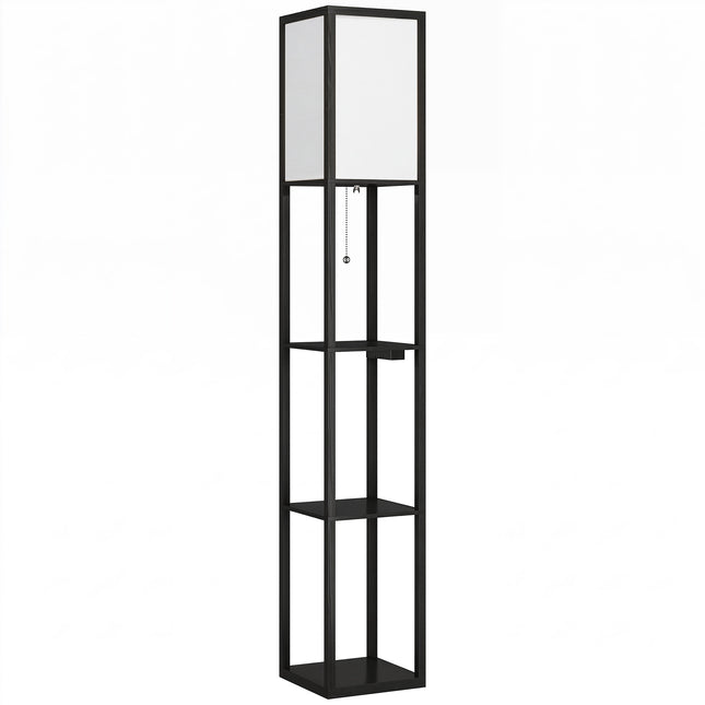 LED Floor Lamp With 3 Shelves, Dimmable, USB, Outlet, Black