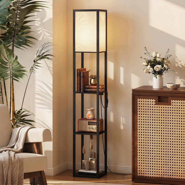 LED Floor Lamp With 3 Shelves, Dimmable, USB, Outlet, Black