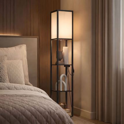 LED Floor Lamp With 3 Shelves, Dimmable, USB, Outlet, Black