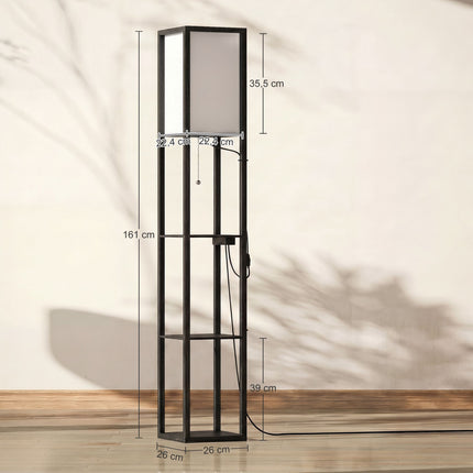 LED Floor Lamp With 3 Shelves, Dimmable, USB, Outlet, Black